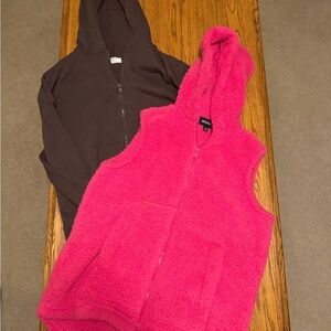 Zenana Outfitters Pink Fleece Vest and Brown Hoodie